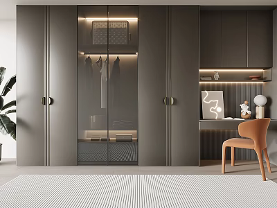 Modern Wardrobe Interior Design With Glass Doors Built-in Lighting And Side Desk Chair 3d model