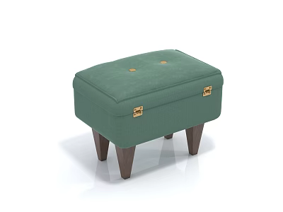 Green Upholstered Stool With Tufted Buttons Gold Metal Clasps And Wooden Legs 3d model