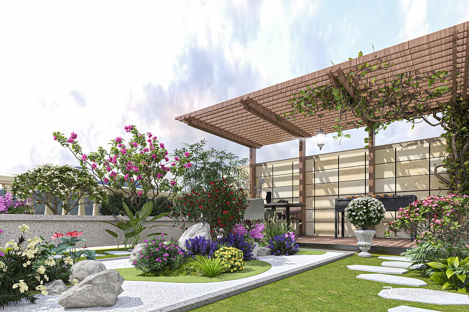 Beautiful Courtyard Garden With Wooden Pergola Climbing Vines Colorful Flowers Green Lawn And Stone Path 3d model 