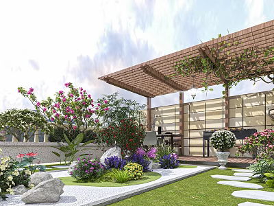 Beautiful Courtyard Garden With Wooden Pergola Climbing Vines Colorful Flowers Green Lawn And Stone Path 3d model