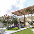 Beautiful Courtyard Garden With Wooden Pergola Climbing Vines Colorful Flowers Green Lawn And Stone Path