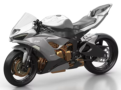 Sleek Modern Silver Gray Motorcycle With Gold Engine Black Wheels And Transparent Windshield 3d model
