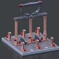 Industrial Equipment Metal Fixture With Base Pillars Red Fasteners And Handle