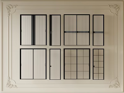 Various Styles Of French Doors On White Background With Decorative Borders 3d model