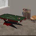 Billiard Room Interior With Green Table Cues Colored Balls Cue Rack And Comfortable Chair