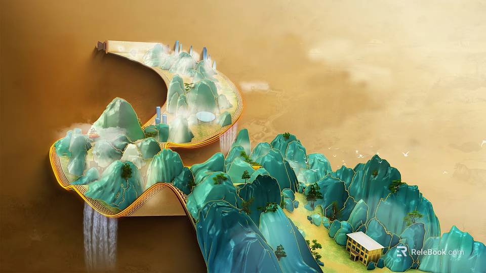 Scenic Mountain Landscape With Green Peaks Flowing Waterfalls Mist And Small Cabin 3d model 