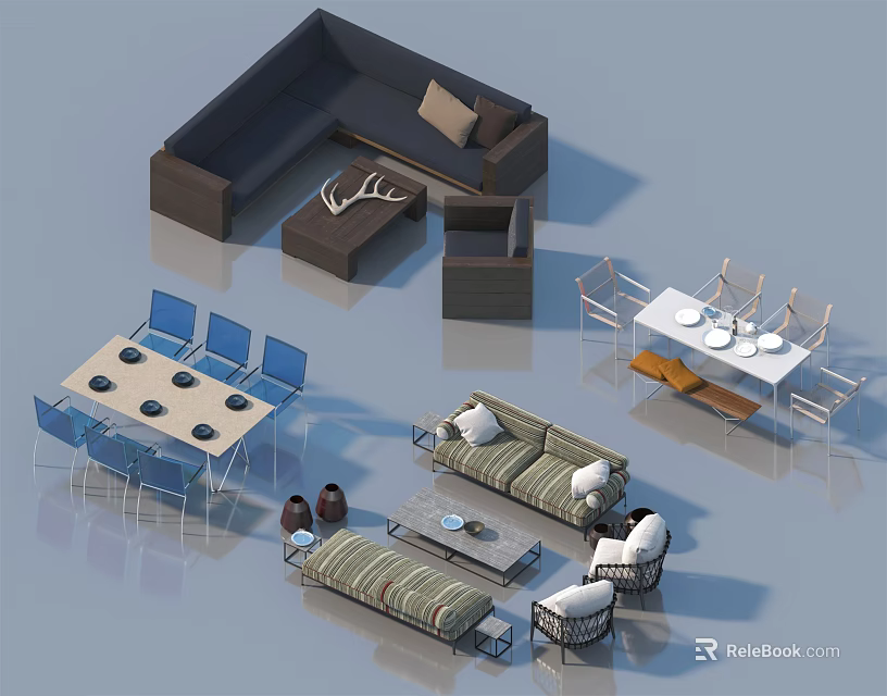 Comfortable Outdoor Sofa Set With Soft Cushions And Garden Coffee Table 3d model 