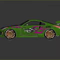 Green Sports Car with Carbon Fiber Hood Pink Graphics Rear Spoiler and Orange Wheels