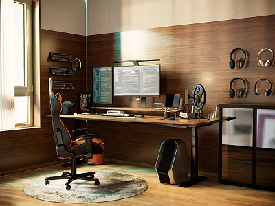 Elegant Modern Study Room Interior With Wooden Desk Ergonomic Chair Computer Monitor And Wall Headphones 3d model