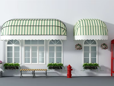 Green And White Striped Awnings Covering Arched Windows With Bench Green Plants Red Fire Hydrant 3d model