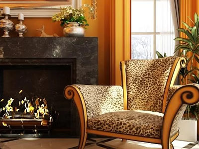 Elegant Leopard Print Single Sofa with Curved Armrests in Cozy Living Room Near Fireplace 3d model