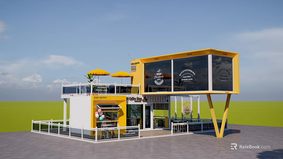 Yellow Container Building Café Restaurant With Large Windows Outdoor Seating And Umbrellas 3d model 