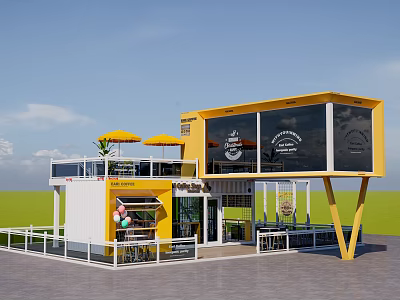Yellow Container Building Café Restaurant With Large Windows Outdoor Seating And Umbrellas 3d model