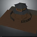 Traditional Chinese Pavilion With Black Tiled Roof And Wooden Frame On Platform