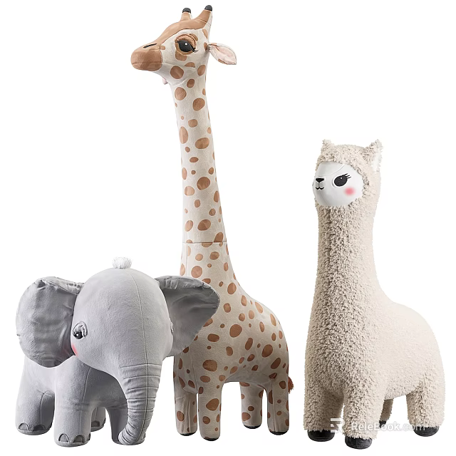 Plush Toys Featuring Elephant Giraffe And Alpaca 3d model 