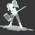 Game Movie Character With Rainbow Hair Red Top Blue Shorts Large Hammer On Wooden Platform