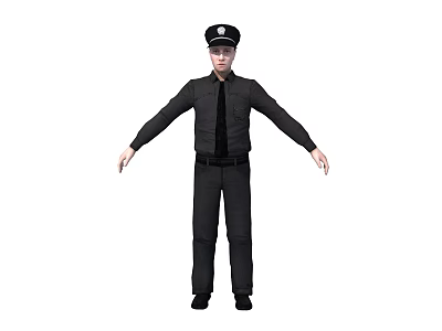 A man in black uniform and hat standing with arms outstretched in full body view 3d model
