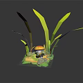 Mushroom Shaped Game Movie Character With Long Green Grass And Small Stones On Green Platform