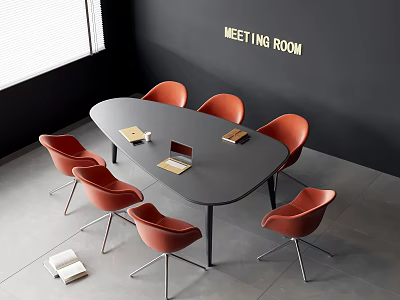 Modern Meeting Table With Orange Chairs Laptop And Books In Meeting Room 3d model