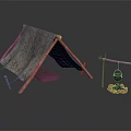 Rustic Canvas Tent With Wooden Frame And Campfire Setup With Hanging Pot And Stones