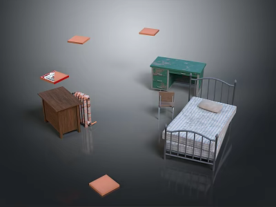 Bedroom Furniture Collection With Bed Desk Chair Wardrobe And Floor Mats 3d model