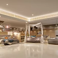 Modern Home Showroom Interior With Bed Sofa And Wooden Shelves