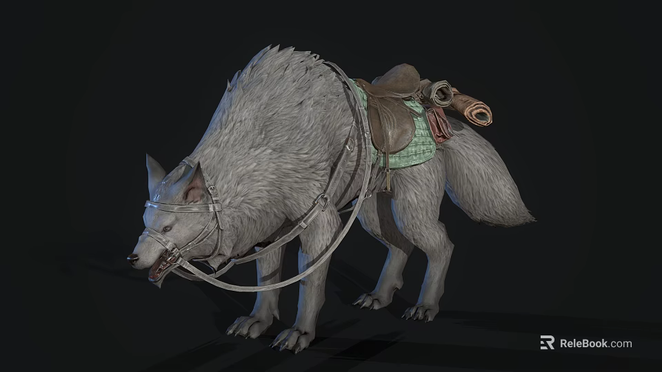 Realistic Fantasy Wolf Mount With Saddle Harness And Thick Fur Texture 3d model 