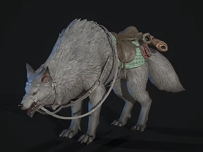 Realistic Fantasy Wolf Mount With Saddle Harness And Thick Fur Texture 3d model