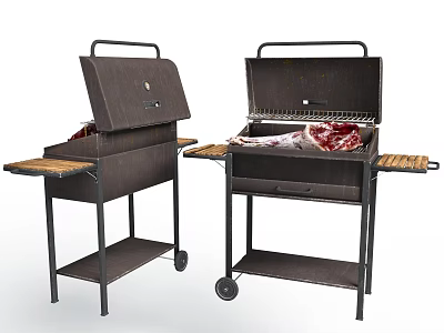 Outdoor Barbecue Grills With Wheels Wooden Tabletops Open Lids And Meat Inside 3d model
