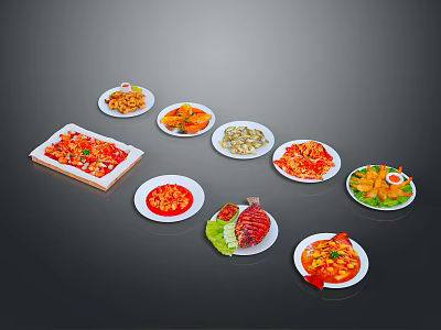 Delicious Various Colorful Chinese Dishes With Meat Vegetables And Seafood On White Plates 3d model