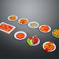 Delicious Various Colorful Chinese Dishes With Meat Vegetables And Seafood On White Plates