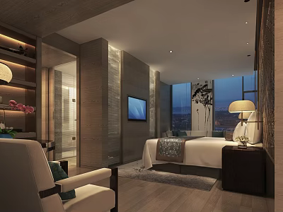 Elegant Modern Hotel Room Interior With Bed TV Window And Chair Lighting 3d model