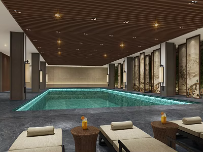 Indoor Swimming Pool With Lounge Chairs Wooden Ceiling And Decorative Lighting 3d model