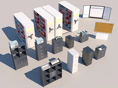 Various Style Office File Cabinets With Drawers Open Shelves And Corkboard 3d model