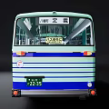 Classic Blue And White Striped Bus Exterior With Windows And Doors