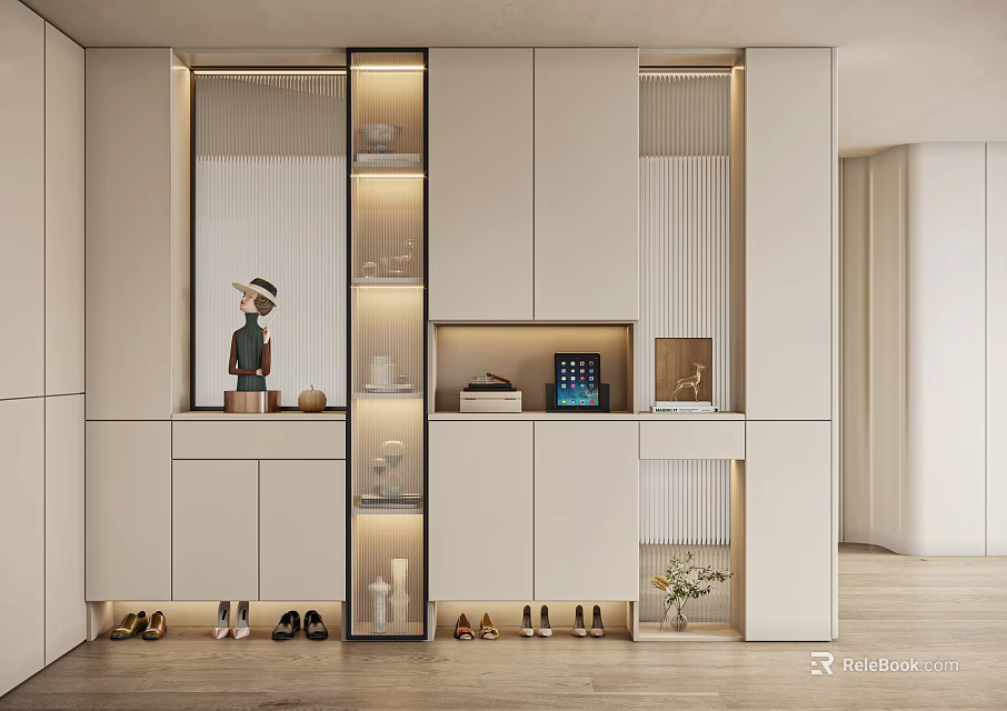 Modern Elegant White Shoe Cabinet With Multi Layer Storage And Display Shelf Interior Design 3d model
