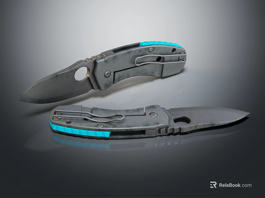 Modern Folding Knives With Blue Accents And Metal Construction Sharp Blade 3d model 