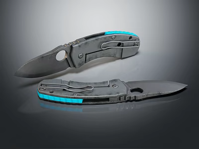 Modern Folding Knives With Blue Accents And Metal Construction Sharp Blade 3d model