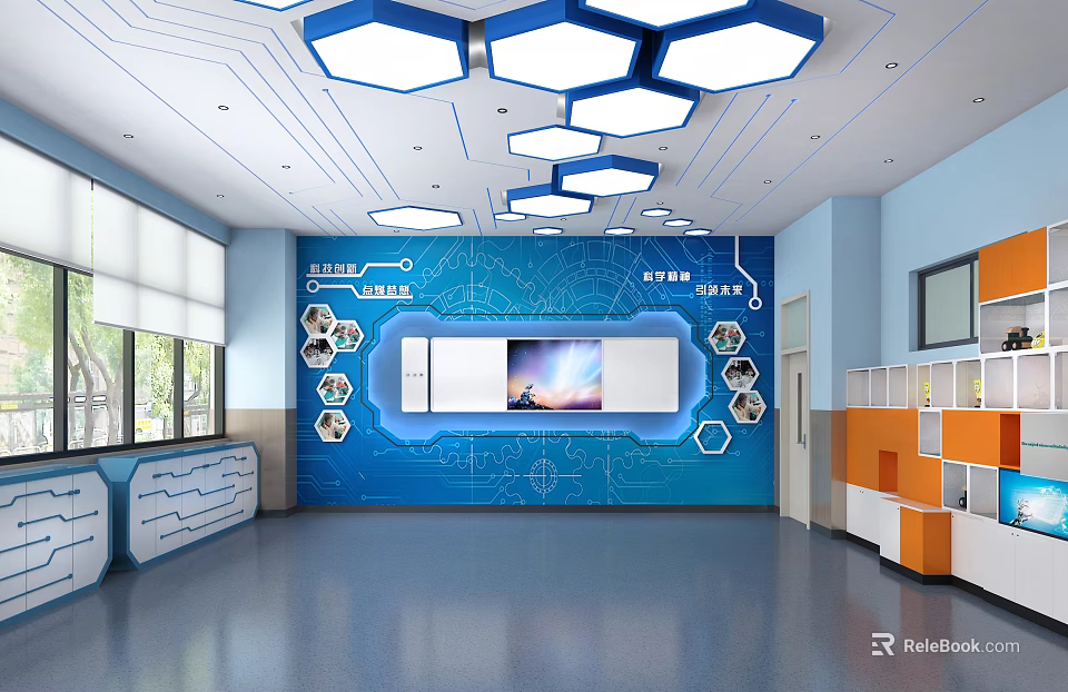 School Tech Classroom With Blue Wall Hexagon Lights Interactive Screen Display Areas And Orange Cabinets 3d model 