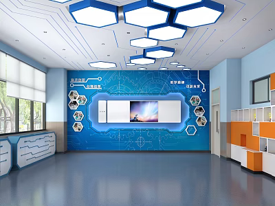 School Tech Classroom With Blue Wall Hexagon Lights Interactive Screen Display Areas And Orange Cabinets 3d model