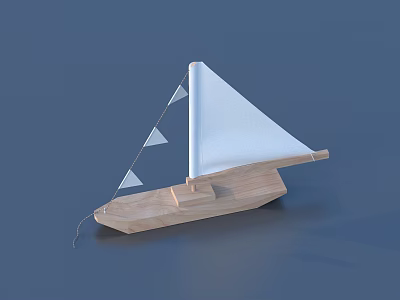 Handmade Wooden Sailboat Model With White Sail And Triangle Flags 3d model