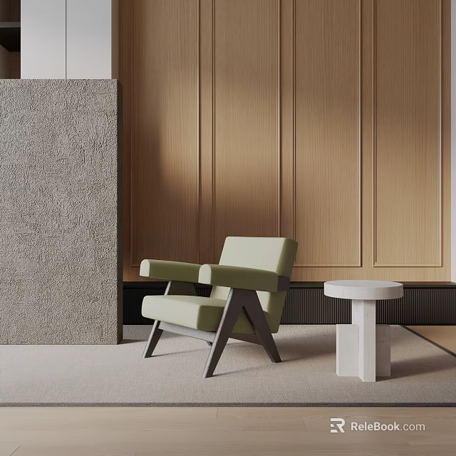 Light Green Leisure Chair With Wooden Wall Panel Small White Round Table And Light Carpet 3d model 