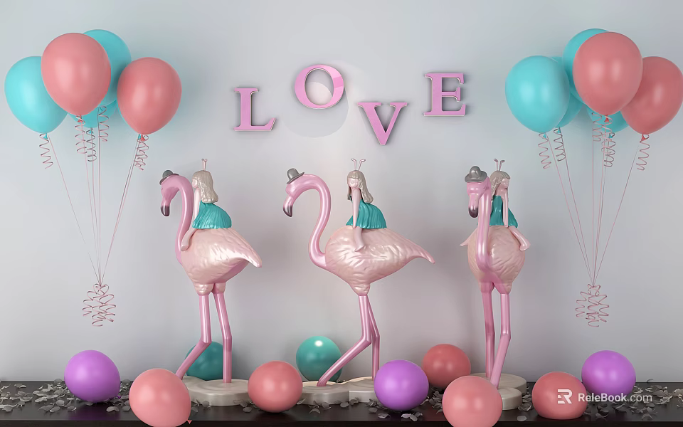 Elegant Decorative Ornament Set With Pink Flamingo Figurines LOVE Letters Colorful Balloons And Decorative Balls 3d model 