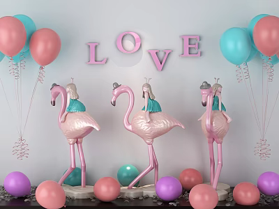 Elegant Decorative Ornament Set With Pink Flamingo Figurines LOVE Letters Colorful Balloons And Decorative Balls 3d model
