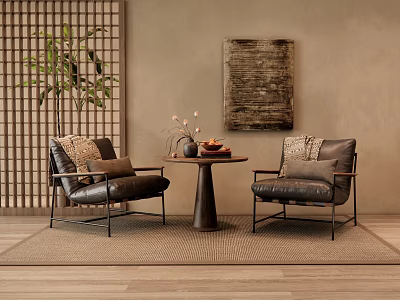 Cozy Interior With Leather Chairs Small Round Table Wooden Screen Plant And Decorative Painting 3d model
