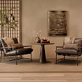 Cozy Interior With Leather Chairs Small Round Table Wooden Screen Plant And Decorative Painting
