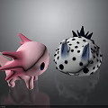 Two Cute Cartoon Creatures With Pink Spiked Tail And White Black Spotted Blue Ears