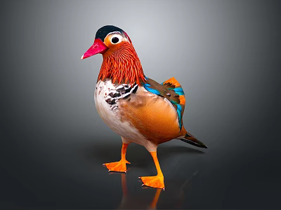 Colorful Mandarin Duck With Red Beak And Orange Feet On Dark Background 3d model