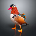 Colorful Mandarin Duck With Red Beak And Orange Feet On Dark Background