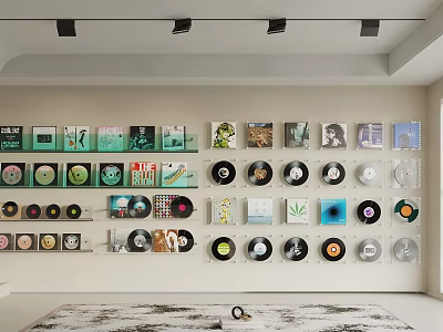 Vinyl Records And Album Covers Wall Display In Modern Interior Decor 3d model